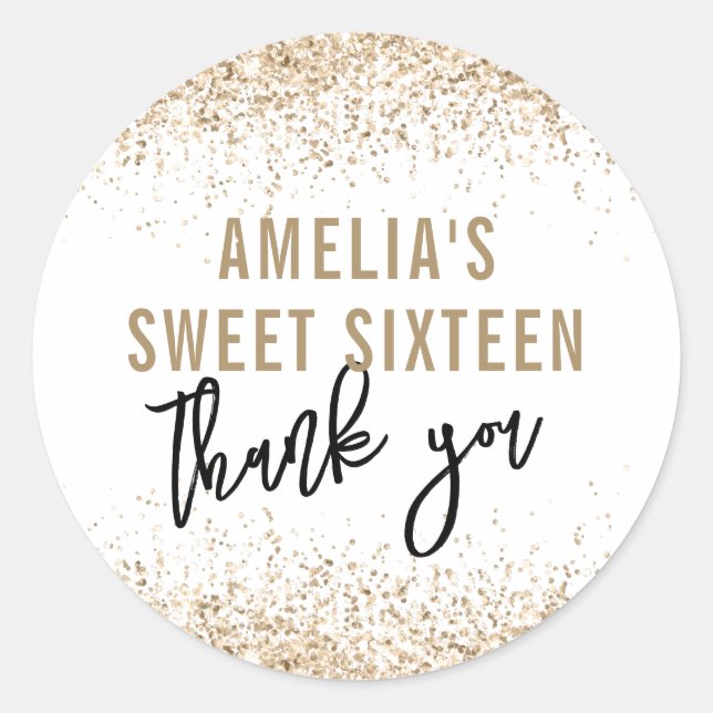 Sweet 16 Party Favor Sticker Gold Glitter Sweet 16 (Front)