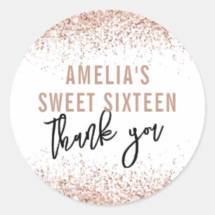 Sweet 16 Party Favor Sticker Rose Gold Glitter