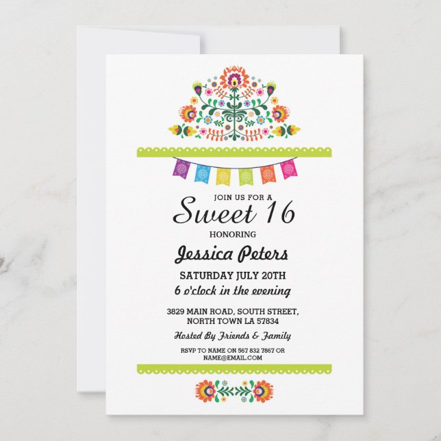 Sweet 16 Party Floral Fiesta Mexican Birthday Invitation (Front)