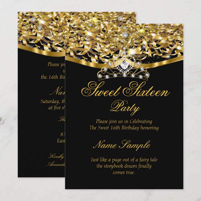 Sweet 16 Party Glitter Gold Black Invitation (Front/Back)