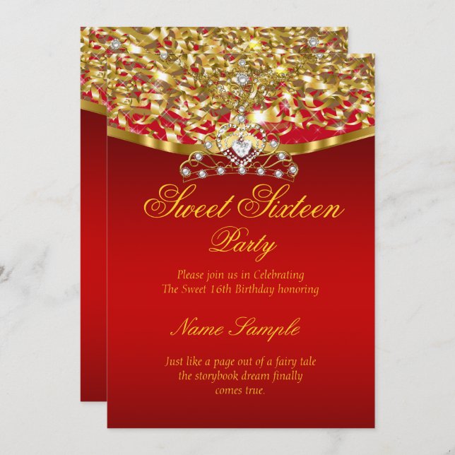 Sweet 16 Party Glitter Red Gold Invitation (Front/Back)