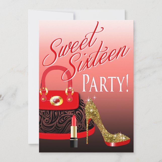 Sweet 16 Party Glitter Stiletto Purse & Lipstick Invitation (Front)