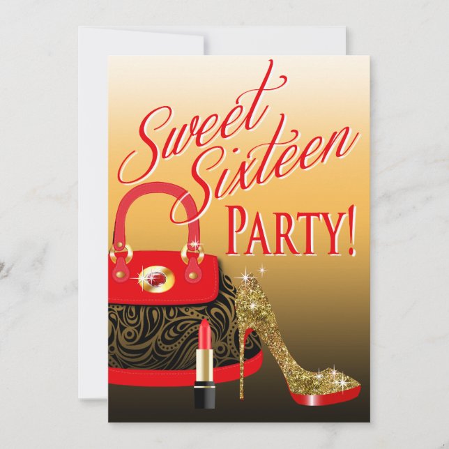 Sweet 16 Party Glitter Stiletto Purse & Lipstick Invitation (Front)