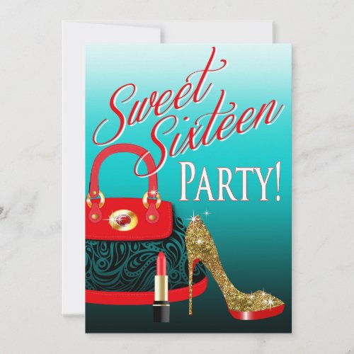 Sweet 16 Party Glitter Stiletto Purse  Lipstick Invitation