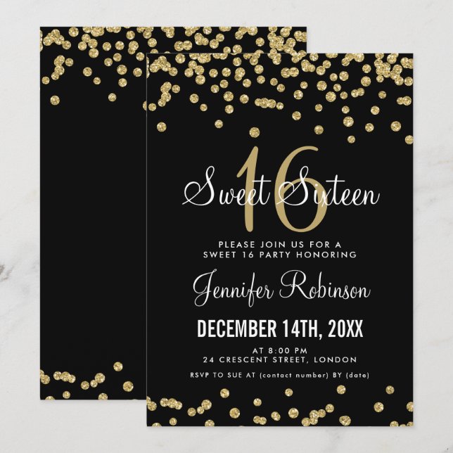 Sweet 16 Party Gold & Black Glitter Confetti Invitation (Front/Back)