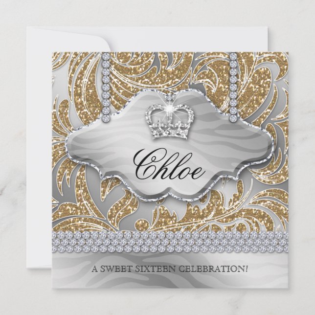 Sweet 16 Party Gold Crown Jewelry Leaves Invitation (Front)