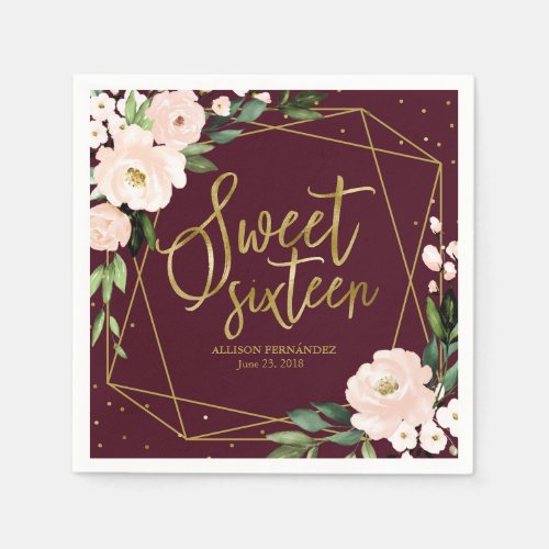 Sweet 16 Party Gold Foil Blush Floral Burgundy Napkins