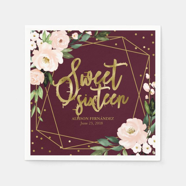 Sweet 16 Party Gold Foil Blush Floral Burgundy Napkins (Front)