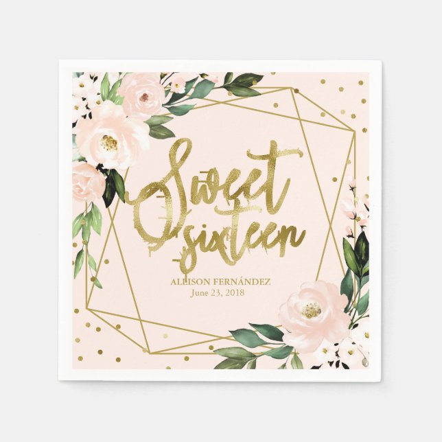 Sweet 16 Party Gold Foil Blush Pink Floral Napkins (Front)