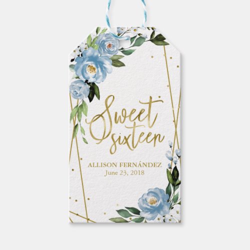 Sweet 16 Party Gold Foil Dusty Blue Floral Gift Tags