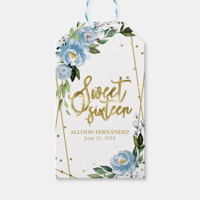 Sweet 16 Party Gold Foil Dusty Blue Floral Gift Tags | Zazzle