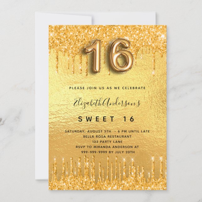 Sweet 16 party gold glitter drips glam invitation (Front)