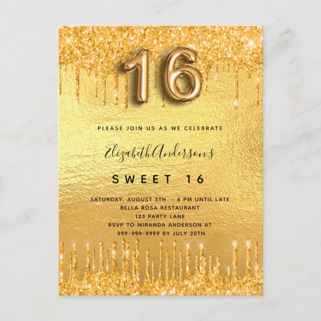 Sweet 16 party gold glitter drips glam invitation postcard (Front)