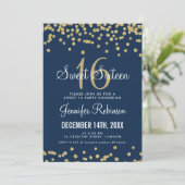 Sweet 16 Party Gold & Navy Glitter Confetti Invitation (Standing Front)
