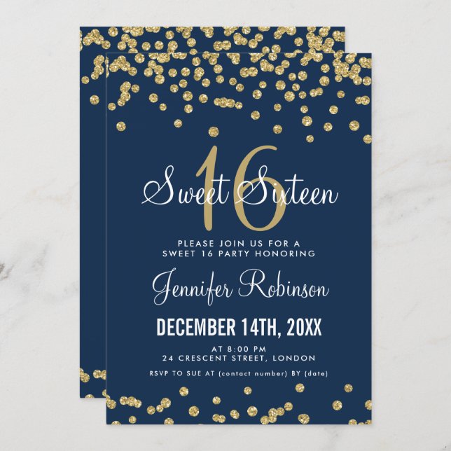 Sweet 16 Party Gold & Navy Glitter Confetti Invitation (Front/Back)
