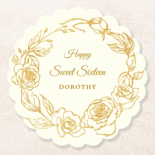 Sweet 16 Party Gold Rose Ivory White Paper Coaster