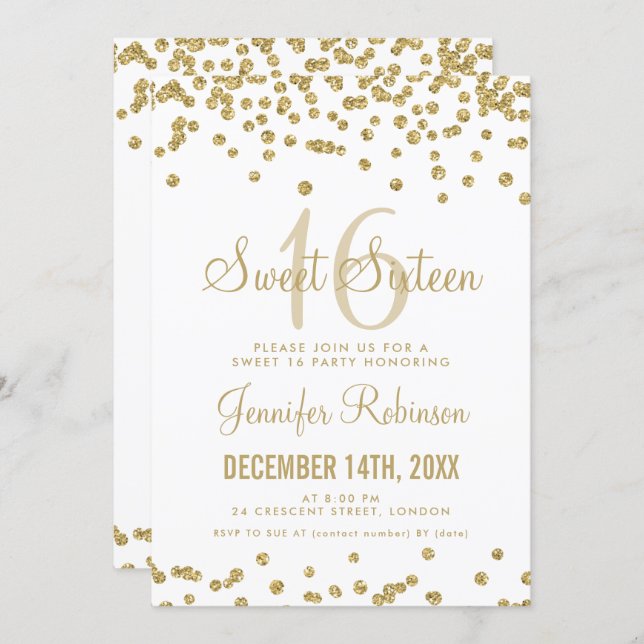 Sweet 16 Party Gold & White Glitter Confetti Invitation (Front/Back)