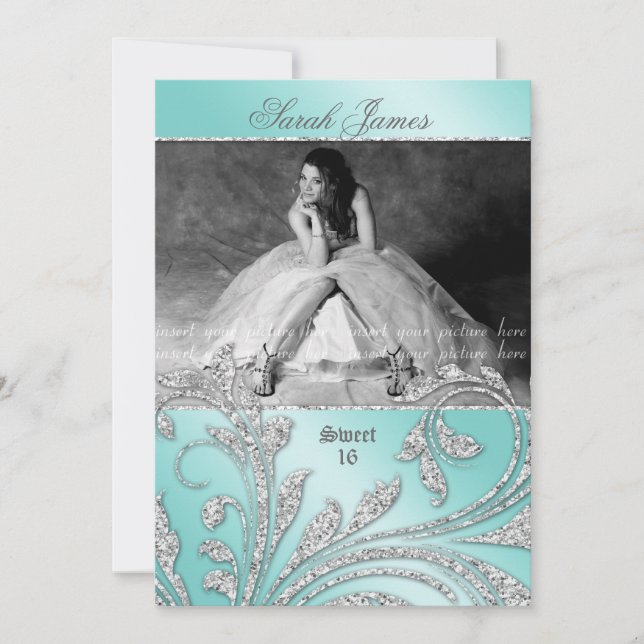 Sweet 16 Party Grad Glitter Leaves Mint Green Invitation (Front)