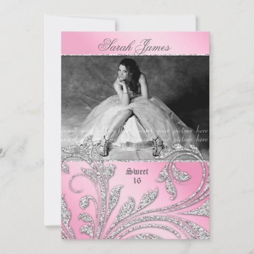 Sweet 16 Party Invite Glitter Leaves Pink