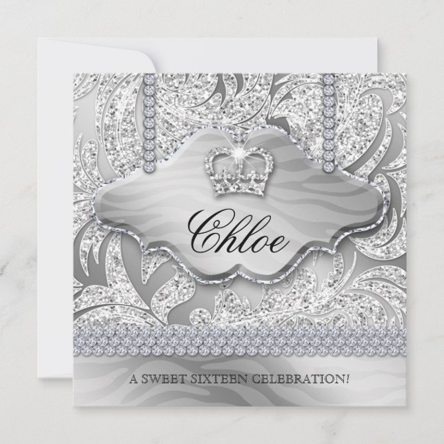 Sweet 16 Party Grad White Crown Jewelry Leaves Invitation (Front)