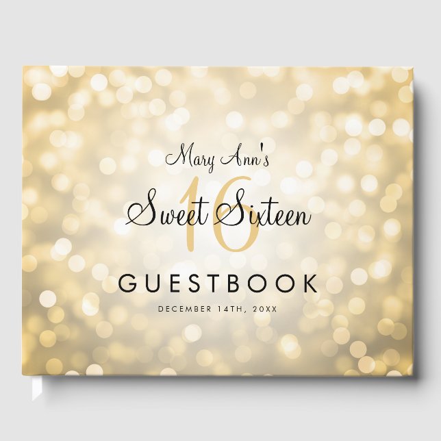 Sweet 16 Party Guestbook Gold Glitter Lights (Front)