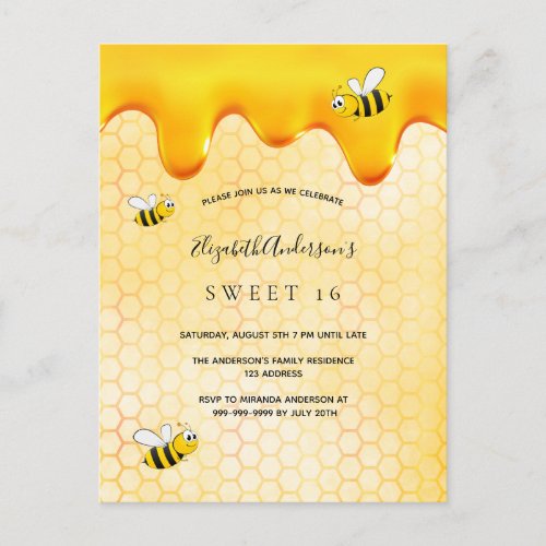 Sweet 16 party honeycomb bumble bees invitation postcard