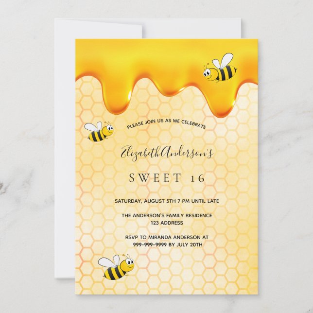 Sweet 16 party honeycomb sweet bumble bees invitation (Front)