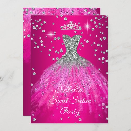 Sweet 16 Party HOT Pink dress TIARA Invitation