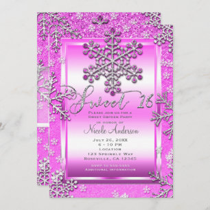 SWEET 16 Party Hot Pink Glitter Winter Snowflakes Invitation