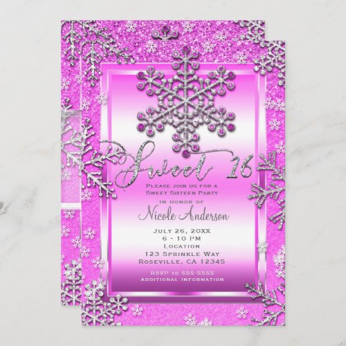 SWEET 16 Party Hot Pink Glitter Winter Snowflakes Invitation