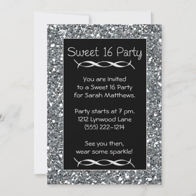 Sweet 16 Party Invitation Silver Sparkle Look (Front)
