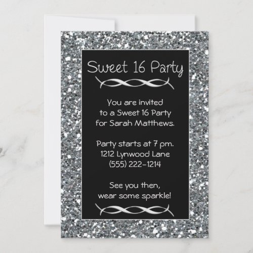 Sweet 16 Party Invitation Silver Sparkle Look