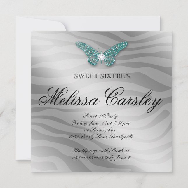 Sweet 16 Party Invite Jewelry Butterfly Zebra Teal (Front)