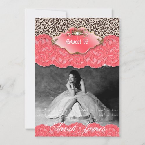 Sweet 16 Party Invite Leopard Crown Coral