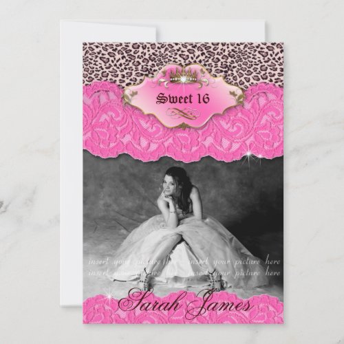 Sweet 16 Party Invite Leopard Crown Pink