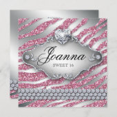Sweet 16 Party Invite Pink Jewelry Glitter Zebra (Front/Back)