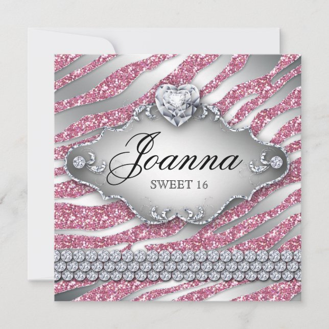 Sweet 16 Party Invite Pink Jewelry Glitter Zebra (Front)