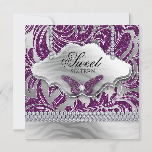 Sweet 16 Party Invite Purple Jewelry Butterfly (Front)