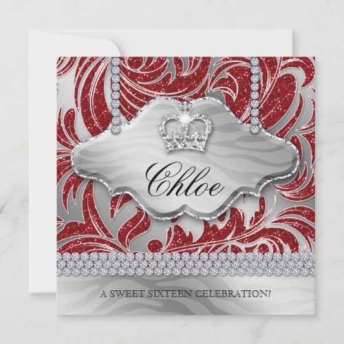 Sweet 16 Party Invite Red Crown Jewelry Leaves