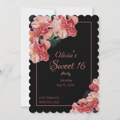 Sweet 16 party invites with pink flowers and black