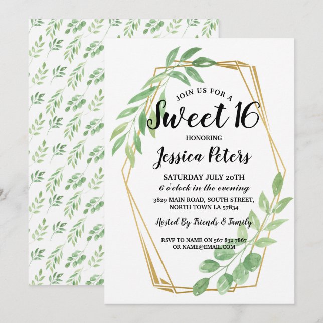 Sweet 16 Party Leaves Gold Frame Summer Invite (Front/Back)