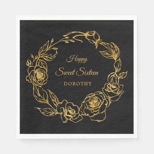 Sweet 16 Party Luxe Gold Rose Black Cocktail Napkins