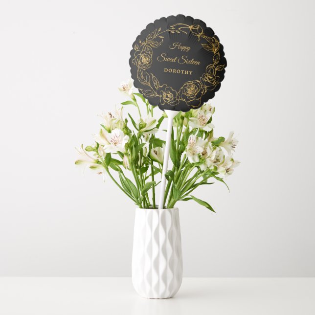 Sweet 16 Party Luxe Gold Rose Floral Black Balloon (Vase)