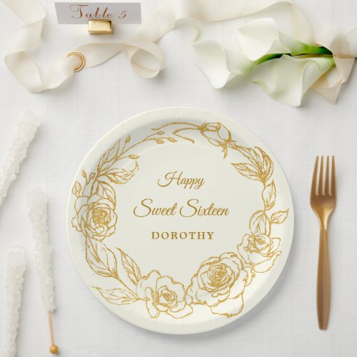 Sweet 16 Party Luxe Gold Rose Floral Ivory Paper Plates