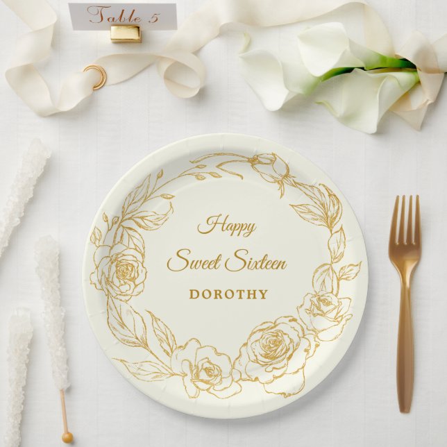 Sweet 16 Party Luxe Gold Rose Floral Ivory Paper Plates (Wedding)