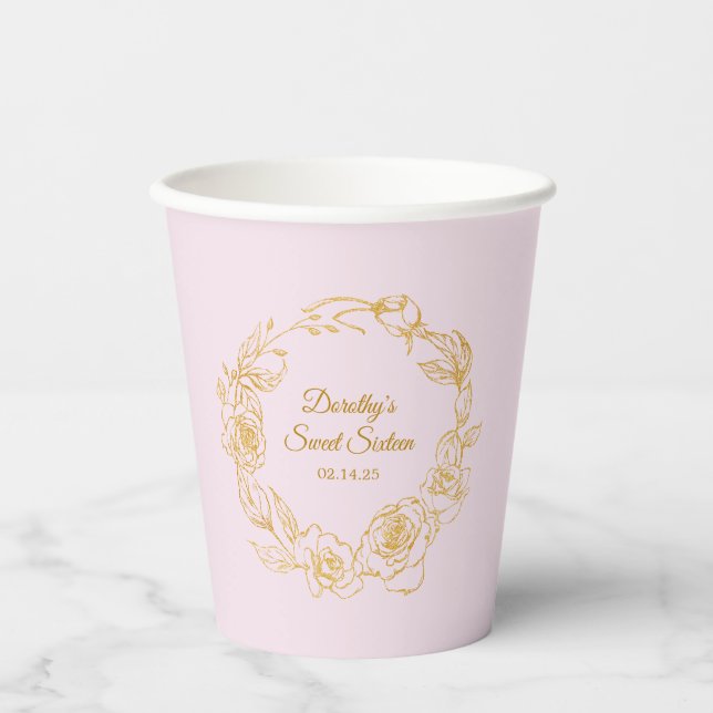 Sweet 16 Party Luxe Gold Rose Pink Paper Cups (Front)
