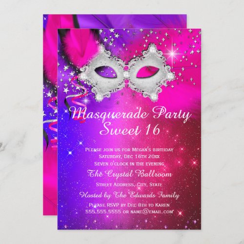 Sweet 16 Party Mask Pink Purple Silver Masquerade Invitation