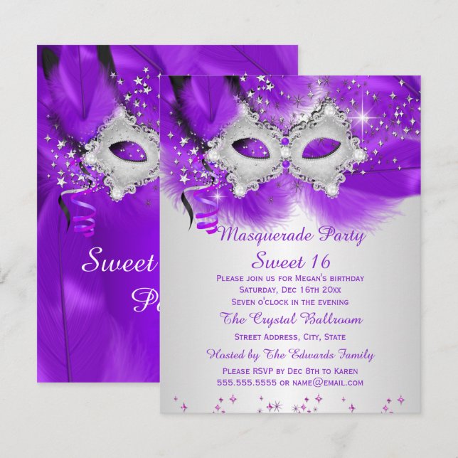 Sweet 16 Party Mask Purple Silver Masquerade Invitation (Front/Back)