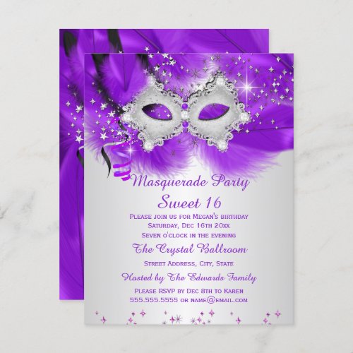 Sweet 16 Party Mask Purple Silver Masquerade Invitation