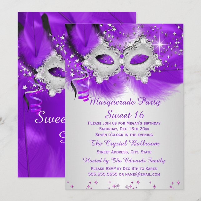 Sweet 16 Party Mask Purple Silver Masquerade Invitation (Front/Back)